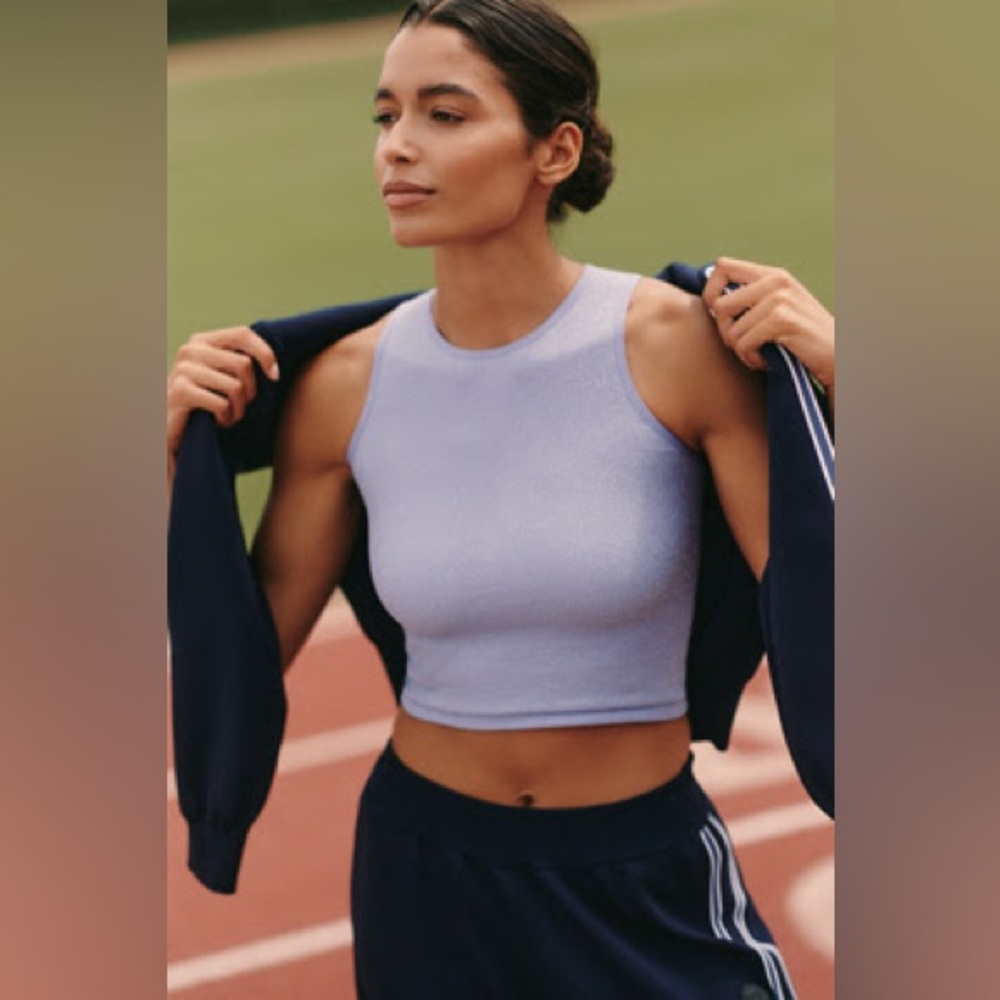 LyreBird The Reegan Seamless Lurex Ribbed Cropped Tank Top Blue Cloud L/XL